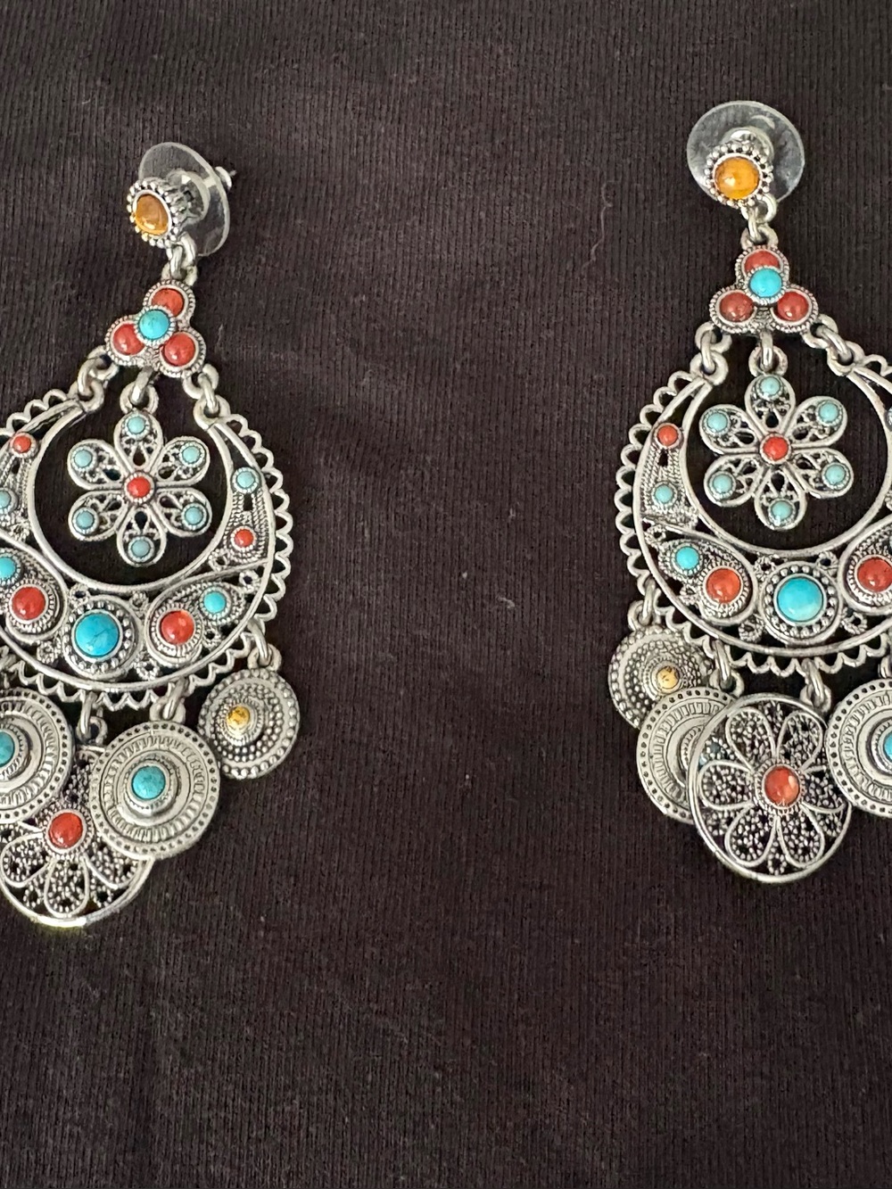 RJ Graziano Silver Chandelier Earrings with Turquoise, Coral & Amber Accents